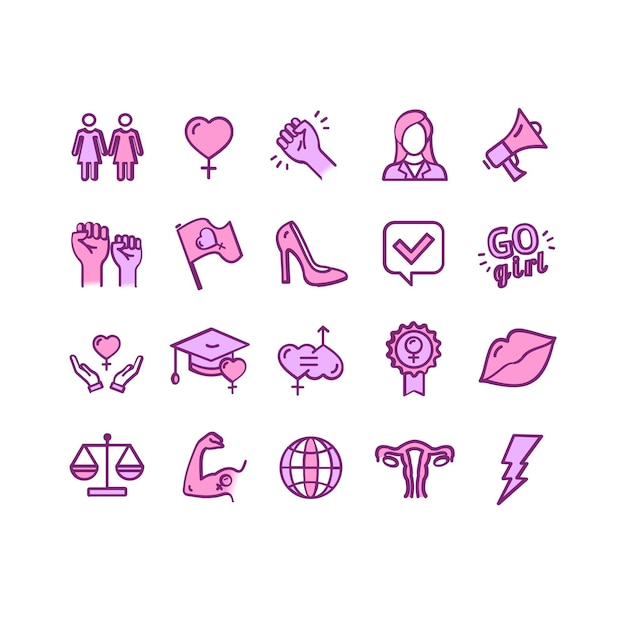 Vector de conjunto de iconos de línea delgada de color de signos de feminismo