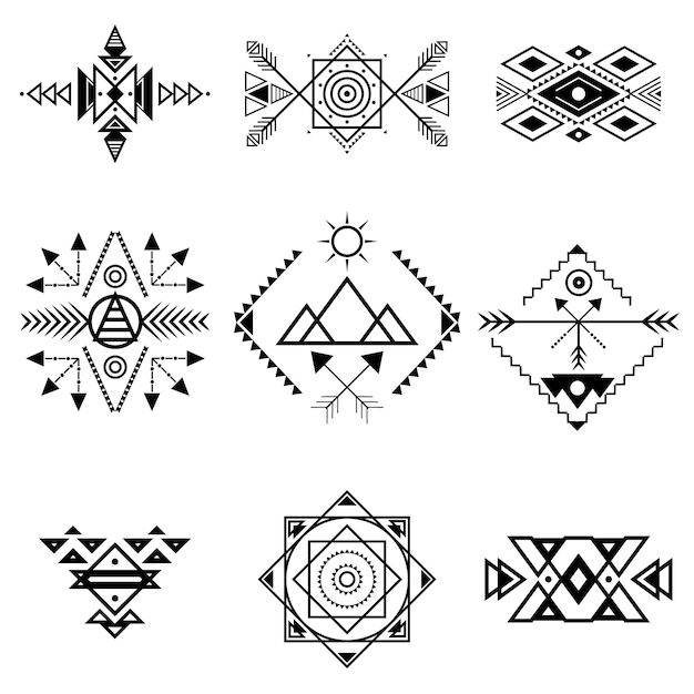 Vector vector de conjunto de iconos de línea delgada negra de adorno de estilo azteca