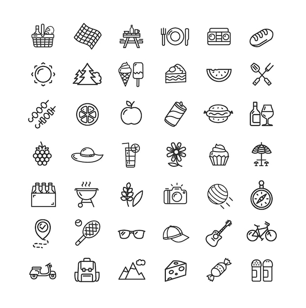 Vector de conjunto de iconos de línea delgada negra de picnic