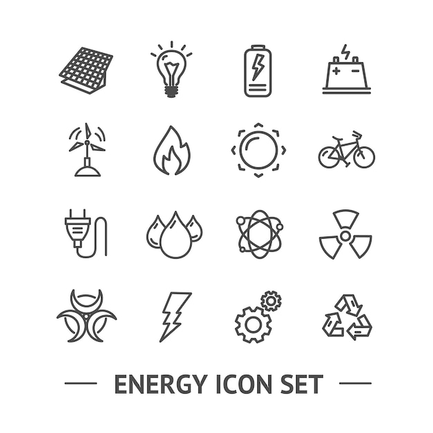 Vector de conjunto de iconos de línea delgada negra de signos de energía