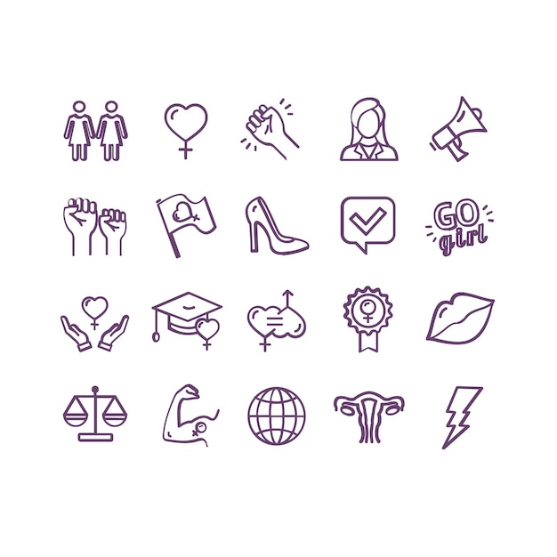 Vector de conjunto de iconos de línea delgada de signos de feminismo