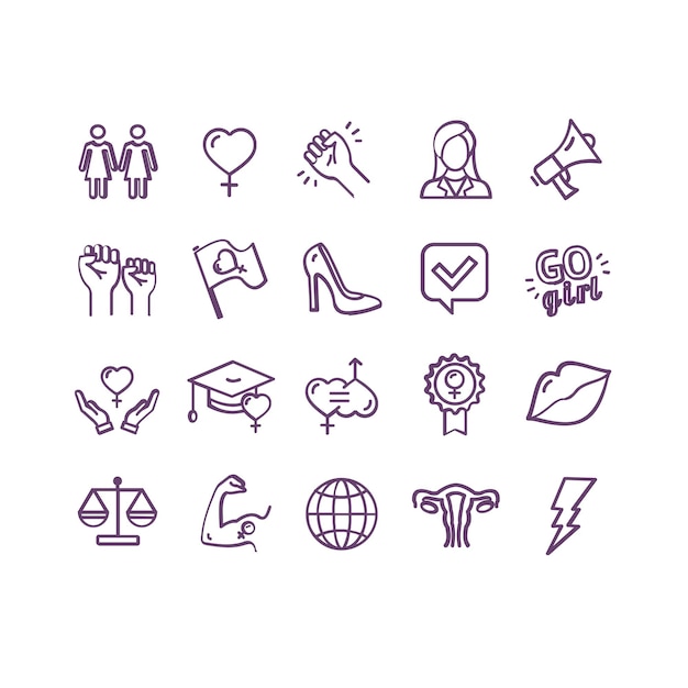 Vector vector de conjunto de iconos de línea delgada de signos de feminismo