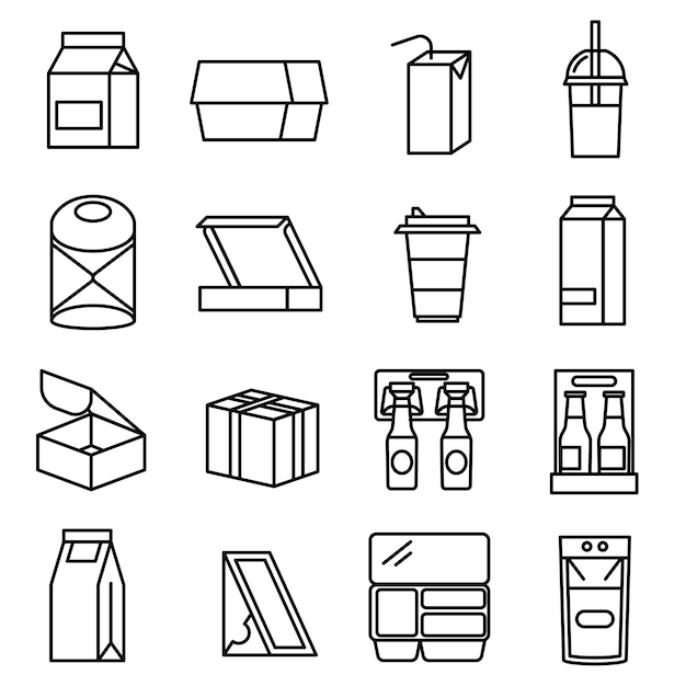 Vector de conjunto de iconos de líneas delgadas negras para carteles de embalaje