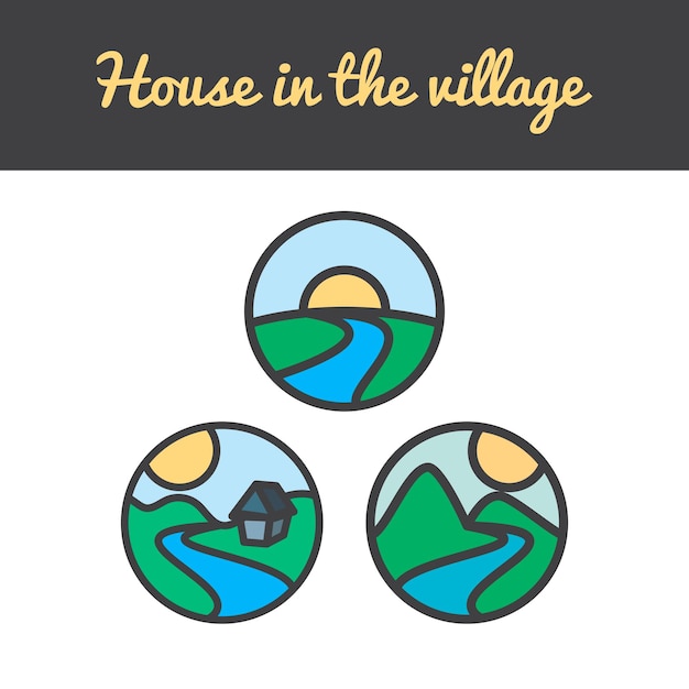 Vector conjunto de iconos de la naturaleza del sol, colinas, ríos, montañas, árboles y hogar