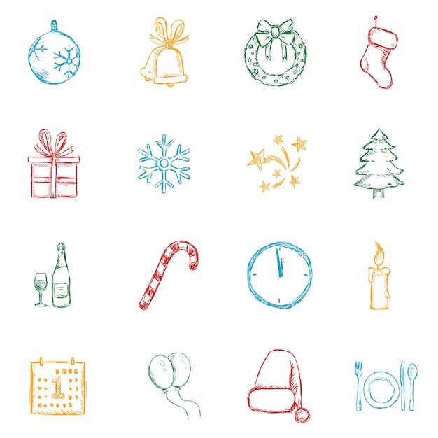 Vector conjunto de iconos de Navidad y año nuevo de bosquejo de color