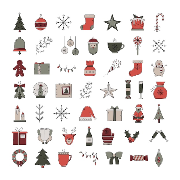 Vector vector conjunto de iconos de navidad. contorno de color año nuevo.