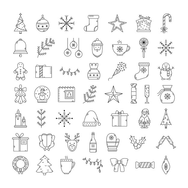 Vector conjunto de iconos de Navidad. Esquema de año nuevo.