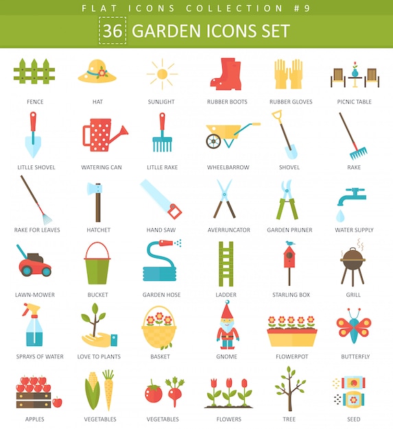 Vector conjunto de iconos planos de color de jardín. diseño de estilo elegante