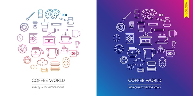 Vector conjunto de iconos planos finos modernos de café inscritos en forma redonda