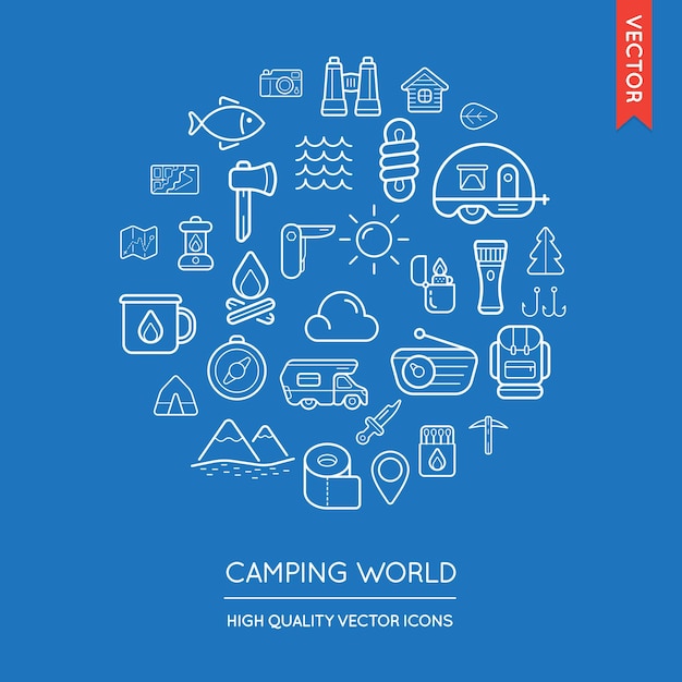 Vector conjunto de iconos planos finos modernos de camping inscritos en forma redonda