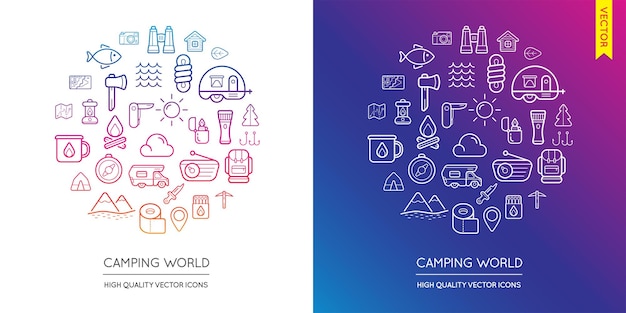 Vector conjunto de iconos planos finos modernos de camping inscritos en forma redonda