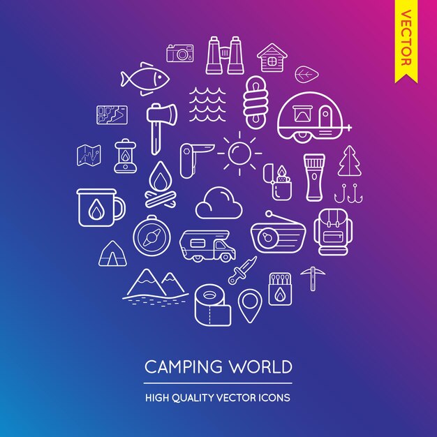 Vector conjunto de iconos planos finos modernos de camping inscritos en forma redonda