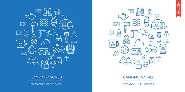 Vector conjunto de iconos planos finos modernos de camping inscritos en forma redonda