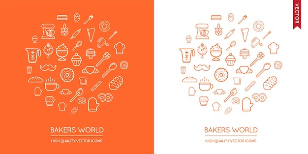 Vector conjunto de iconos planos finos modernos de panadería inscritos en forma redonda
