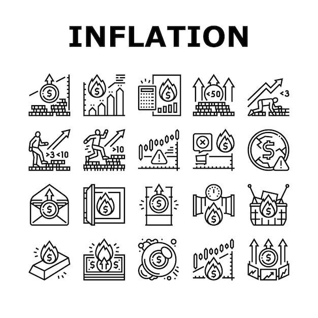 Vector conjunto de iconos de problemas del mundo financiero de la inflación