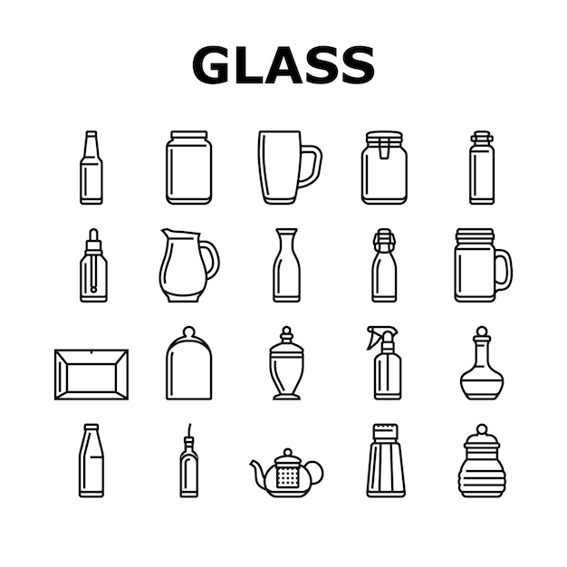 Vector de conjunto de íconos de productos de embalajes de vidrio