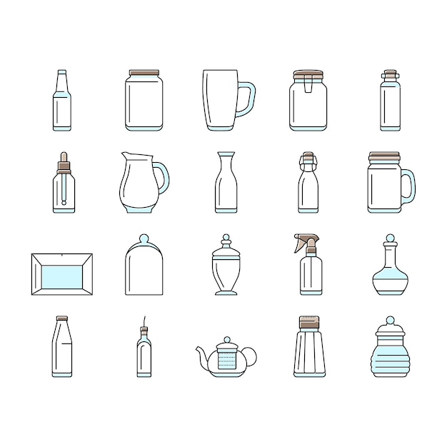 Vector de conjunto de íconos de productos de embalajes de vidrio