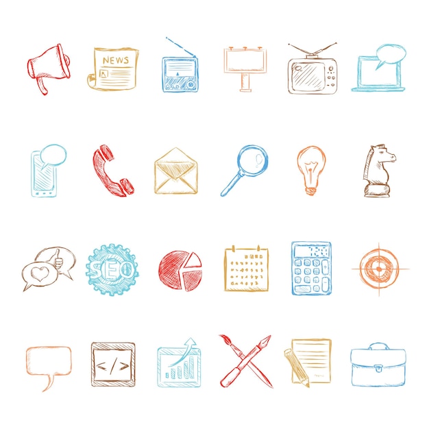 Vector conjunto de iconos de publicidad de bosquejo de color. Tipos de publicidad.
