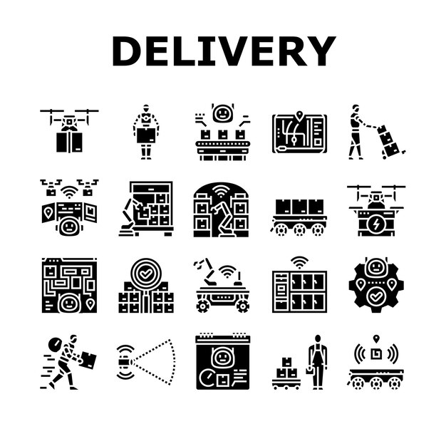 Vector de conjunto de íconos de robots autónomos de entrega