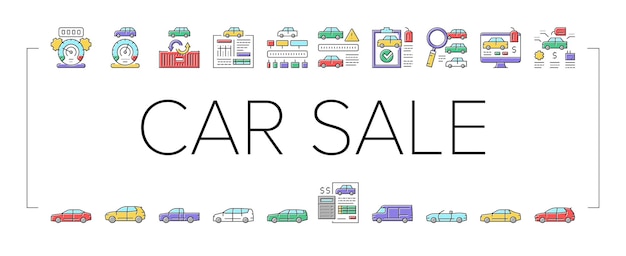 Vector de conjunto de iconos de servicio de automóviles de venta de automóviles usados