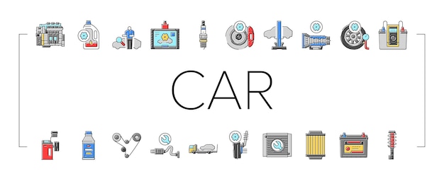 Vector de conjunto de iconos de servicio de reparación mecánica de automóviles