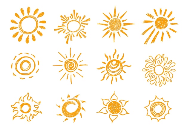 Vector de conjunto de iconos de signos del sol dibujados a mano con tiza amarilla