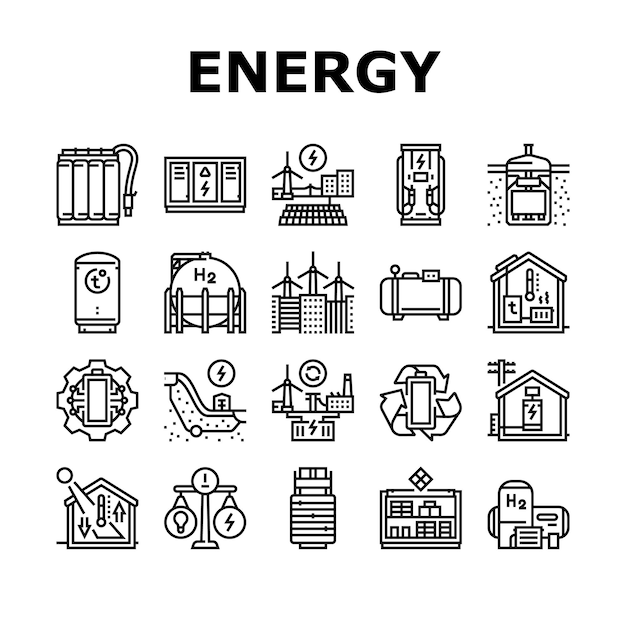 Vector de conjunto de iconos del sistema de almacenamiento de energía