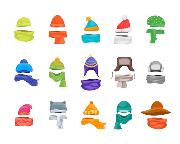 Vector de conjunto de iconos de sombreros y bufandas de invierno de color de dibujos animados