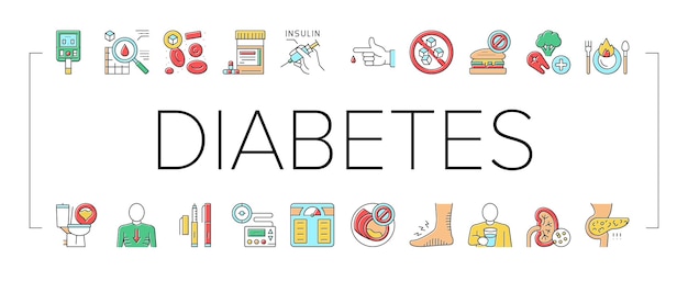 Vector vector de conjunto de iconos para el tratamiento de la diabetes