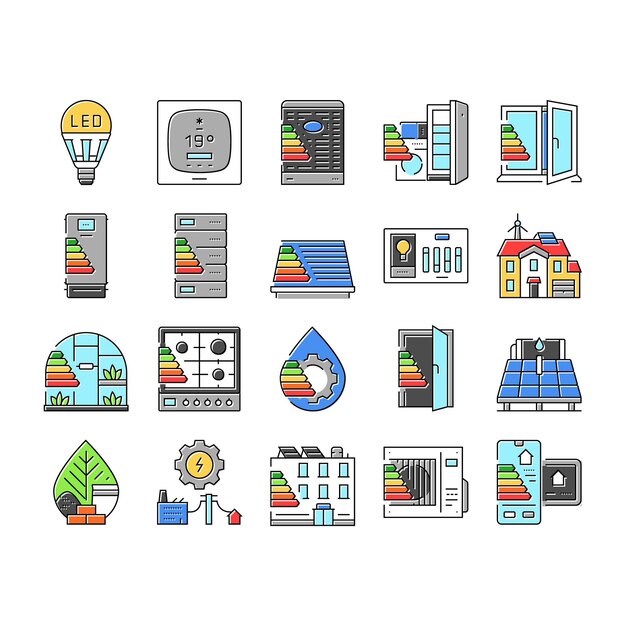 Vector de conjunto de iconos verdes de tecnología de eficiencia energética