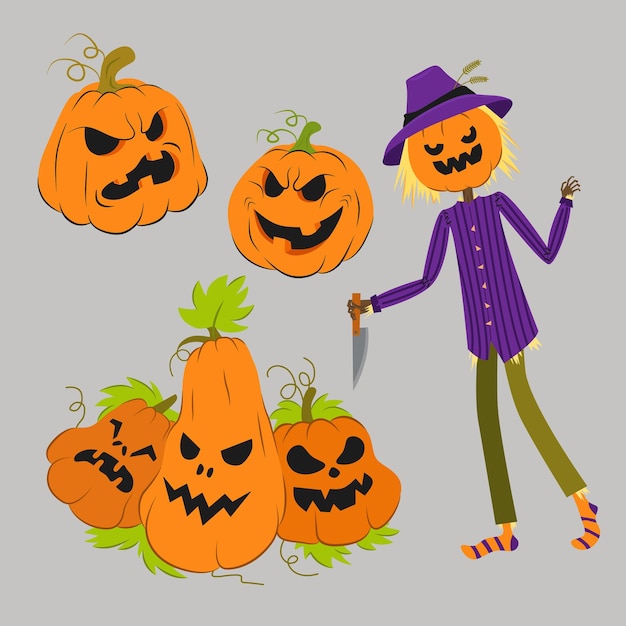 Vector conjunto de ilustración de calabazas con caras de la noche de Halloween