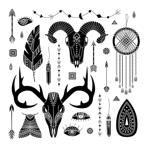 Vector conjunto de ilustraciones boho. estilo simple. atrapasueños, cráneo de animal, plumas y flechas.