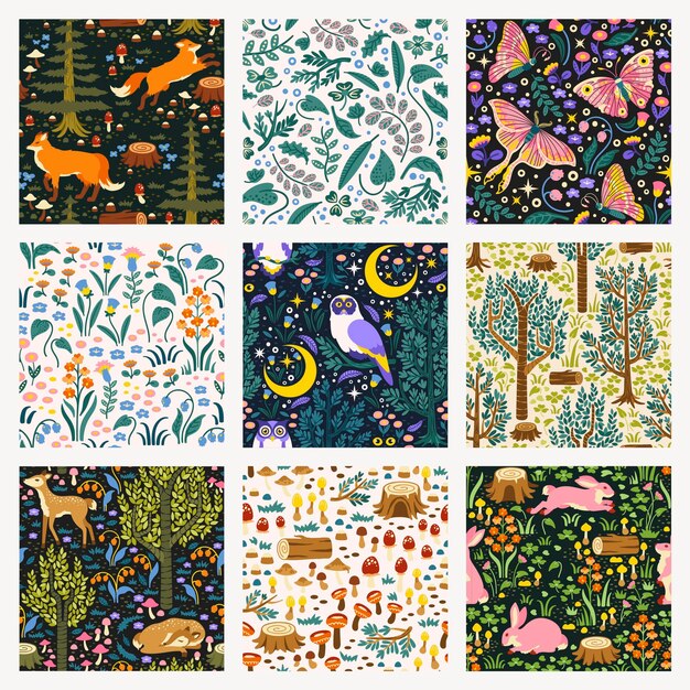 Vector de conjunto de ilustraciones de naturaleza con patrón sin costuras de la selva