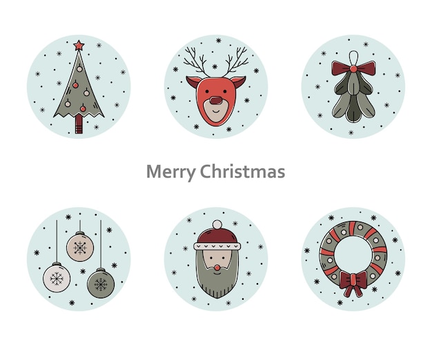 Vector conjunto de ilustraciones navideñas. Iconos de contorno de color de año nuevo.