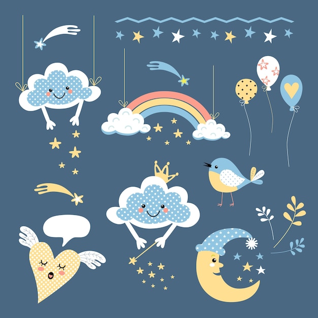 vector, conjunto, de, ilustraciones, para, niños, diseño, caricatura, dibujos, de, nubes, arco iris, y, globos