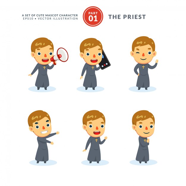 Vector conjunto de imágenes de dibujos animados de un sacerdote. Primer set. Aislado