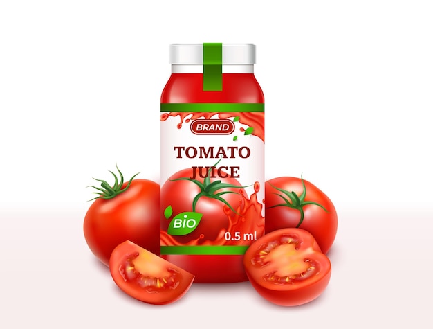 Vector de conjunto de jugo de tomate natural 3D realista y detallado