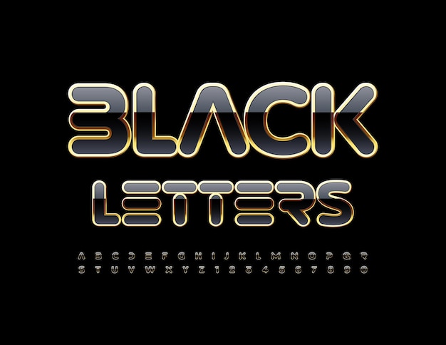 Vector conjunto de letras y números del alfabeto futurista en negro y oro fuente techno premium