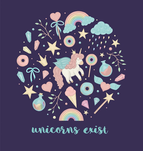 Vector conjunto de lindo estilo acuarela durmiendo unicornio en púrpura oscuro