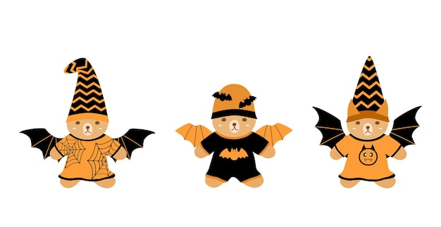 Vector vector conjunto lindo oso de peluche con traje de murciélago con ala y sombrero concepto de halloween