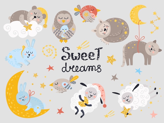 Vector conjunto de lindos animales durmiendo