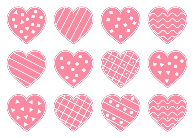 Vector conjunto de lindos corazones decorados. colección de símbolos del día de san valentín. juguetones iconos de amor de vacaciones de febrero aislado sobre fondo blanco.