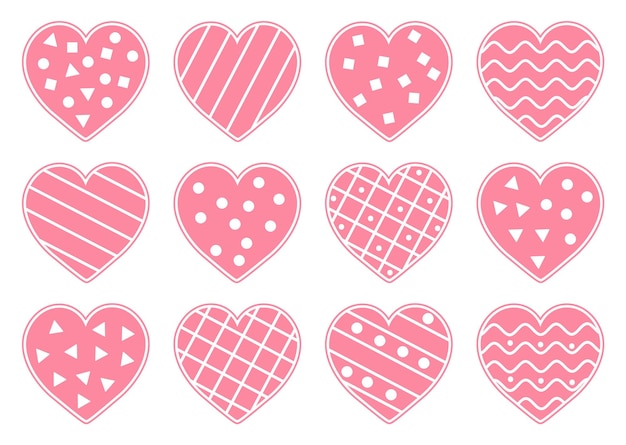 Vector conjunto de lindos corazones decorados. Colección de símbolos del día de San Valentín. Juguetones iconos de amor de vacaciones de febrero aislado sobre fondo blanco.