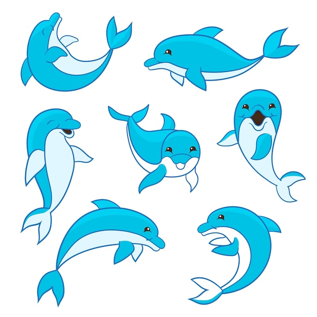 Vector conjunto de lindos delfines divertidos