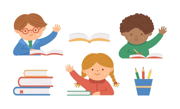 Vector conjunto de lindos escolares felices con la mano arriba y libros