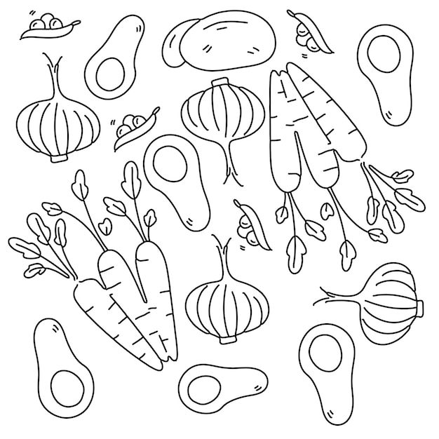 Vector de conjunto de línea de garabato de verduras