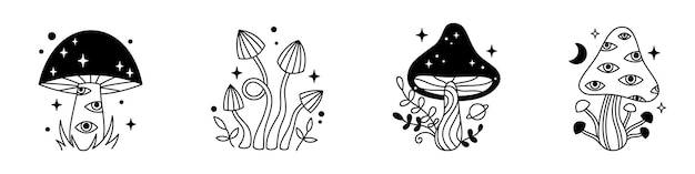 Vector conjunto mágico de halloween de hongos y estrellas en color negro Hongos de línea mística Esquema de elementos celestiales Colección de hongos góticos de cuento de hadas Hongos místicos esotéricos brujos con ojos
