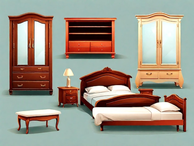 Vector conjunto de muebles de madera cama y armario aislados