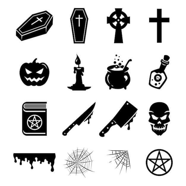 Vector, conjunto, de, negro, siluetas, y, iconos, de, objetos, elementos, y, decoraciones, para, halloween