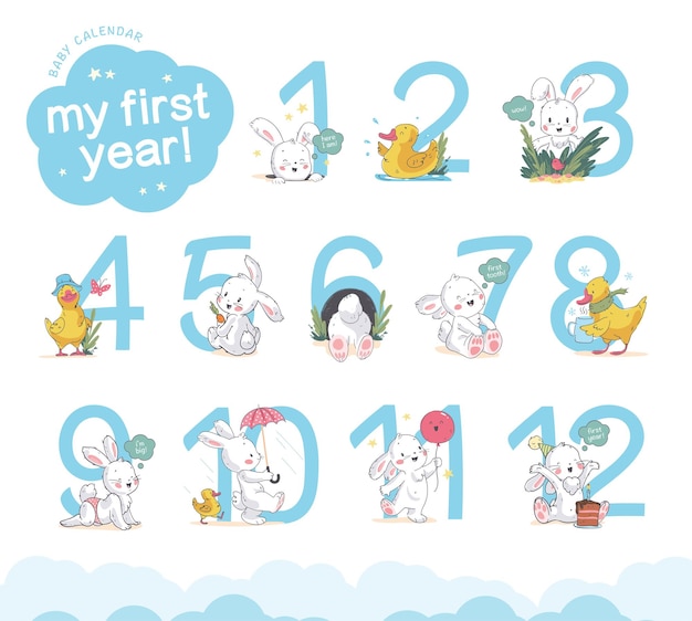 Vector conjunto de números de números de calendario de bebé con lindo conejito